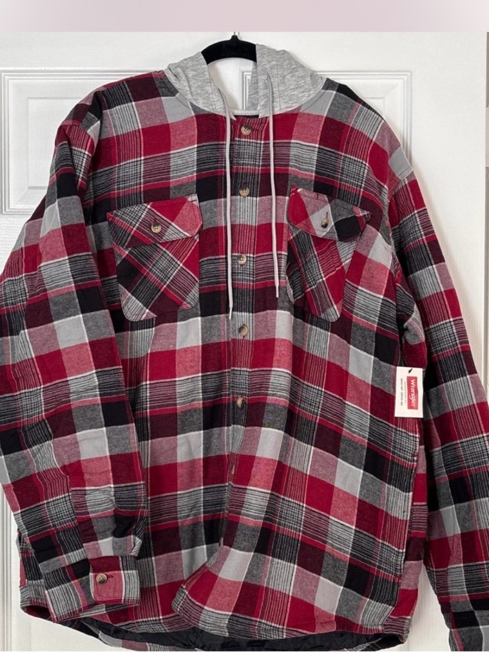 Wrangler Red and Gray Plaid Flannel Hoodie Shirt